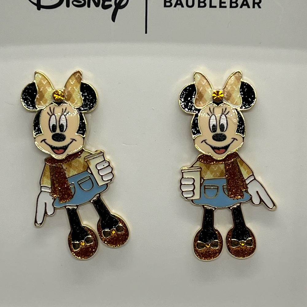 NEW BaubleBar x Disney Minnie Mouse in Fall Clothes Holding Coffee Earrings - Picture 6 of 14